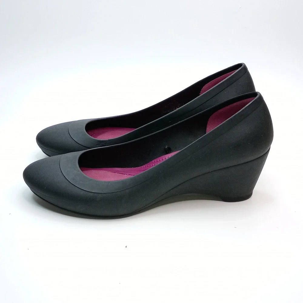 Crocs Lina‎ Wedge Pumps Womens 10 Black Dual Comfort Round Toe Shoes J4
